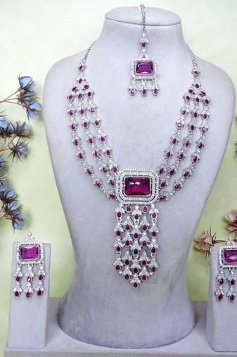 Purple rhodium premium designer american diamond and stone work necklace set