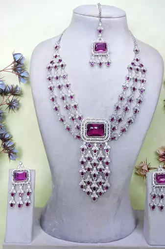 Purple rhodium premium designer american diamond and stone work necklace set