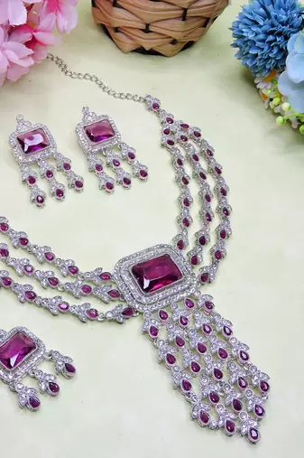 Purple rhodium premium designer american diamond and stone work necklace set