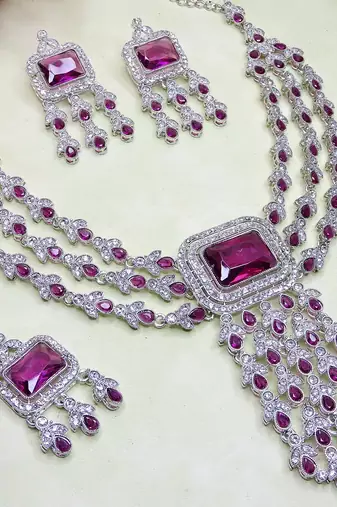 Purple rhodium premium designer american diamond and stone work necklace set