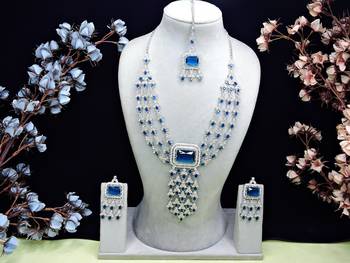Blue rhodium premium designer american diamond and stone work necklace set 1