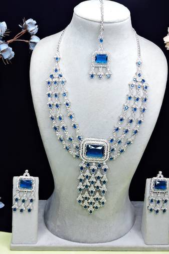 Blue rhodium premium designer american diamond and stone work necklace set