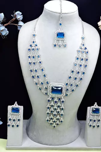 Blue rhodium premium designer american diamond and stone work necklace set