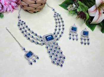 Blue rhodium premium designer american diamond and stone work necklace set 2