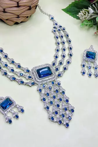 Blue rhodium premium designer american diamond and stone work necklace set