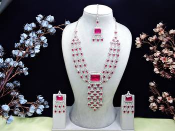 Pink rhodium premium designer american diamond and stone work necklace set 1