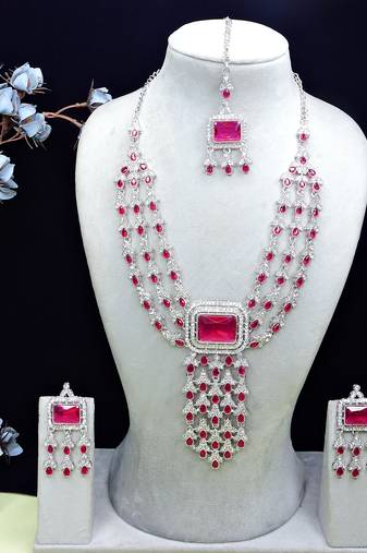 Pink rhodium premium designer american diamond and stone work necklace set