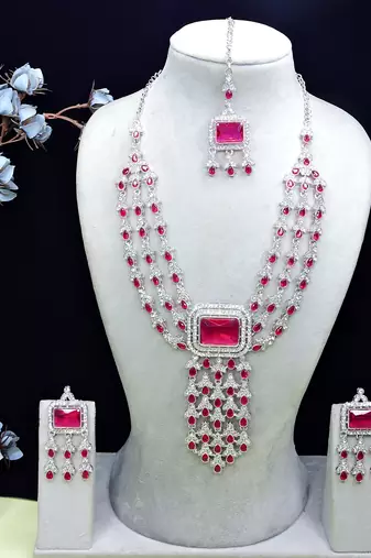 Pink rhodium premium designer american diamond and stone work necklace set