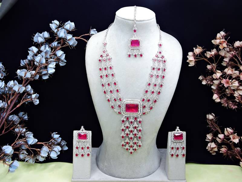 Pink rhodium premium designer american diamond and stone work necklace set
