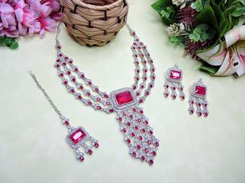 Pink rhodium premium designer american diamond and stone work necklace set 2