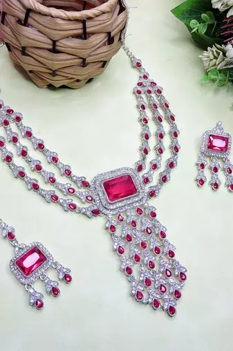 Pink rhodium premium designer american diamond and stone work necklace set