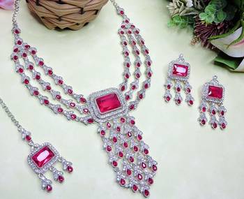 Pink rhodium premium designer american diamond and stone work necklace set 3