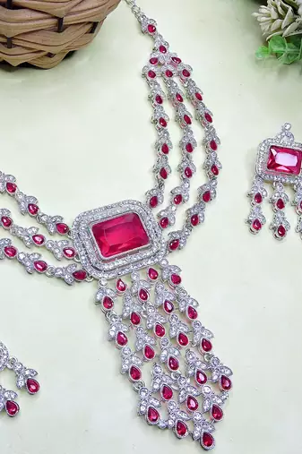 Pink rhodium premium designer american diamond and stone work necklace set