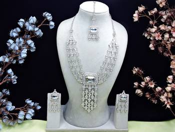 White rhodium premium designer american diamond and stone work necklace set 1