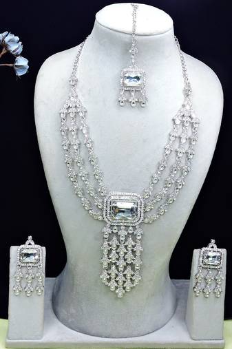White rhodium premium designer american diamond and stone work necklace set