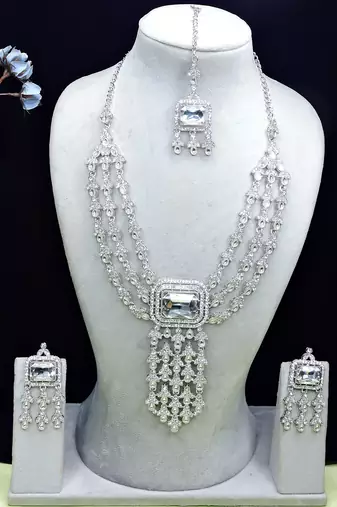 White rhodium premium designer american diamond and stone work necklace set