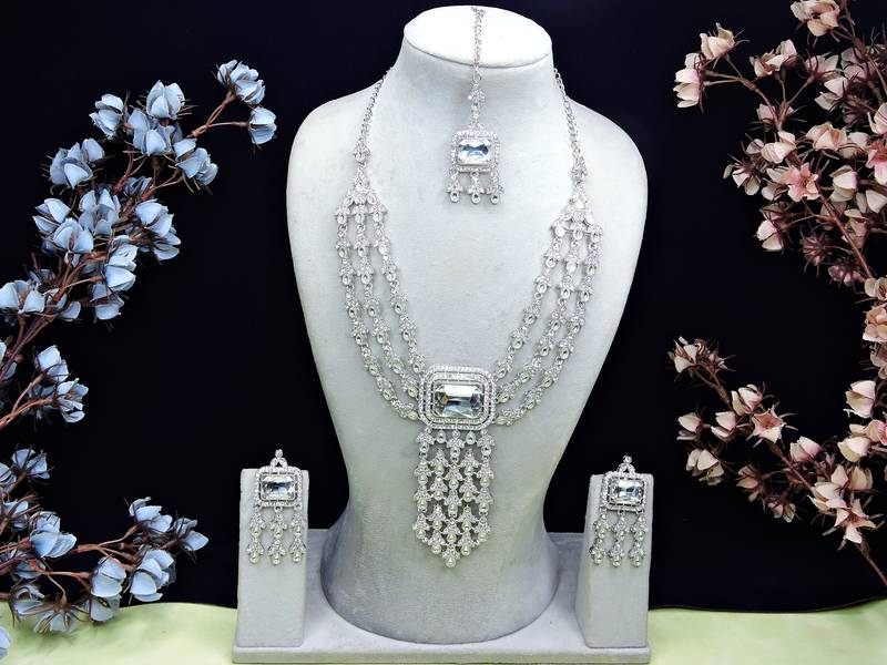 White rhodium premium designer american diamond and stone work necklace set