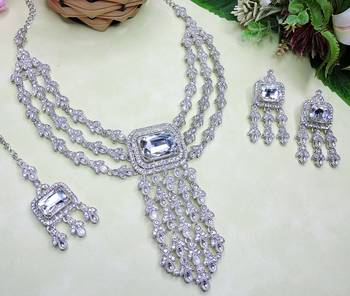 White rhodium premium designer american diamond and stone work necklace set 3