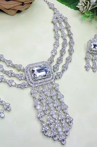 White rhodium premium designer american diamond and stone work necklace set