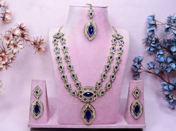 Blue yellow gold premium designer american diamond and stone work necklace set 1