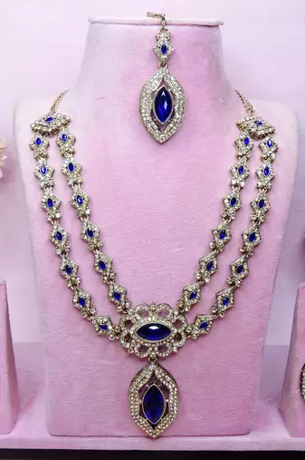 Blue yellow gold premium designer american diamond and stone work necklace set
