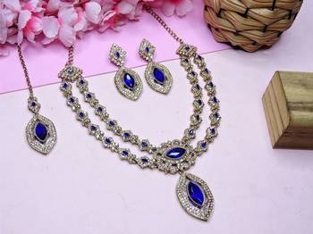 Blue yellow gold premium designer american diamond and stone work necklace set 2