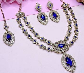 Blue yellow gold premium designer american diamond and stone work necklace set 3