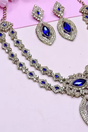 Blue yellow gold premium designer american diamond and stone work necklace set