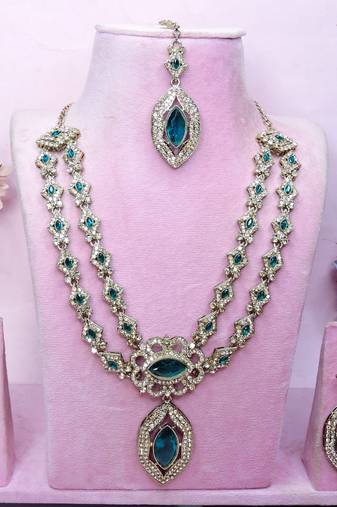 Green yellow gold premium designer american diamond and stone work necklace set