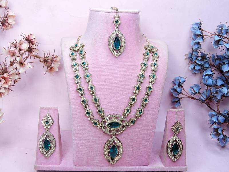 Green yellow gold premium designer american diamond and stone work necklace set