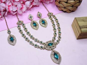 Green yellow gold premium designer american diamond and stone work necklace set 2