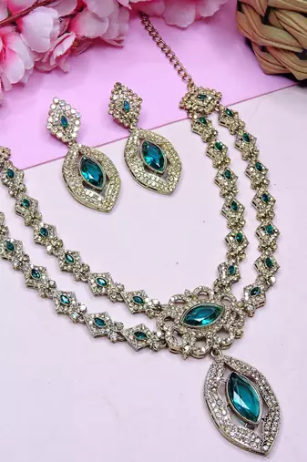 Green yellow gold premium designer american diamond and stone work necklace set