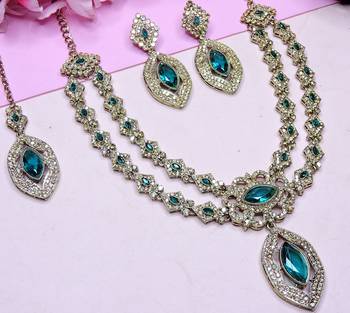 Green yellow gold premium designer american diamond and stone work necklace set 3