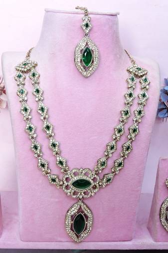Green yellow gold premium designer american diamond and stone work necklace set