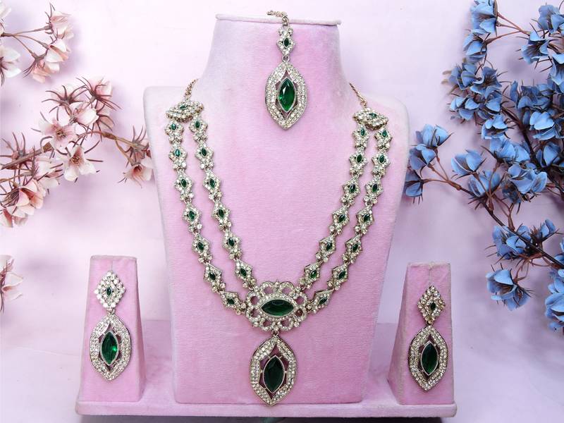 Green yellow gold premium designer american diamond and stone work necklace set