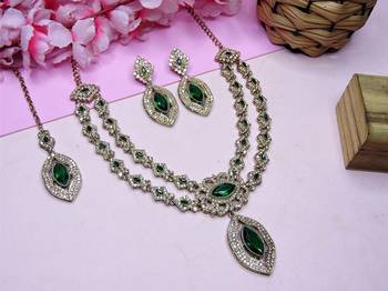 Green yellow gold premium designer american diamond and stone work necklace set 2