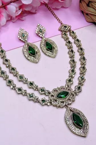 Green yellow gold premium designer american diamond and stone work necklace set