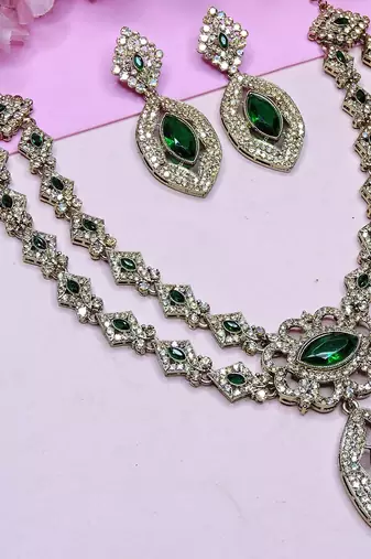 Green yellow gold premium designer american diamond and stone work necklace set