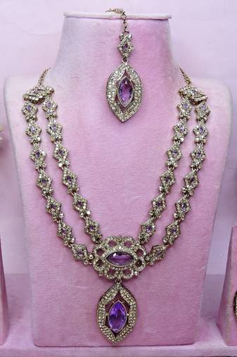 Purple yellow gold premium designer american diamond and stone work necklace set