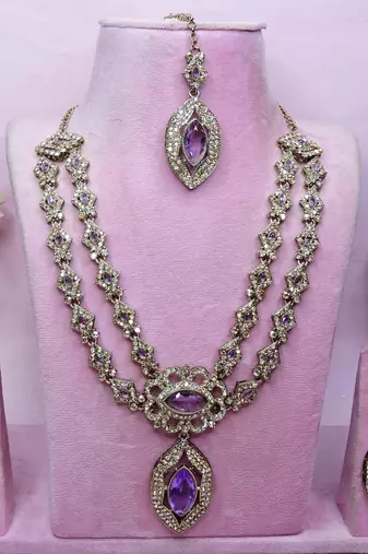 Purple yellow gold premium designer american diamond and stone work necklace set