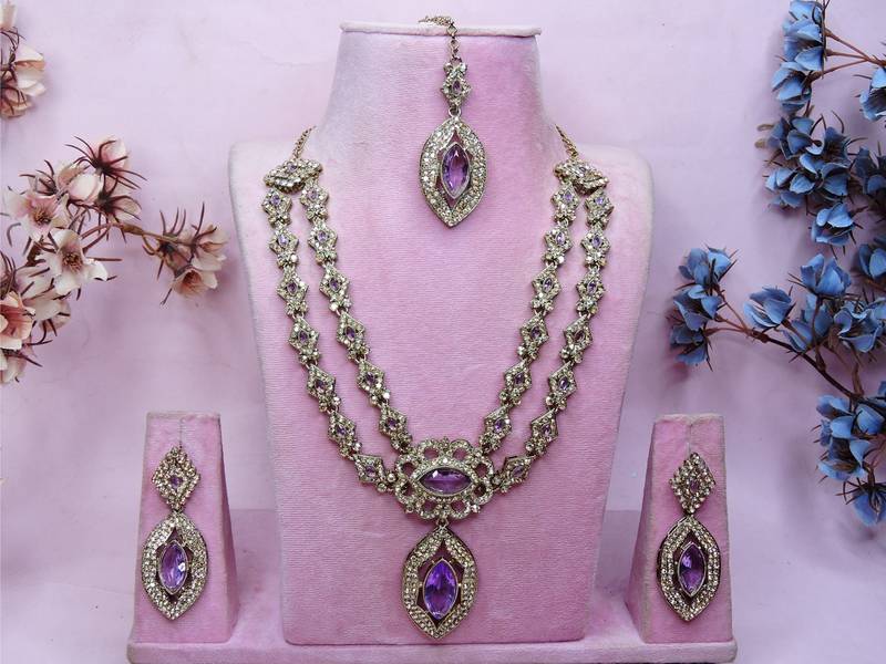 Purple yellow gold premium designer american diamond and stone work necklace set