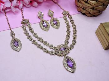 Purple yellow gold premium designer american diamond and stone work necklace set 2