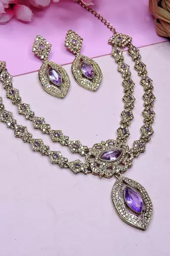 Purple yellow gold premium designer american diamond and stone work necklace set