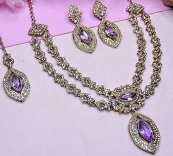 Purple yellow gold premium designer american diamond and stone work necklace set 3