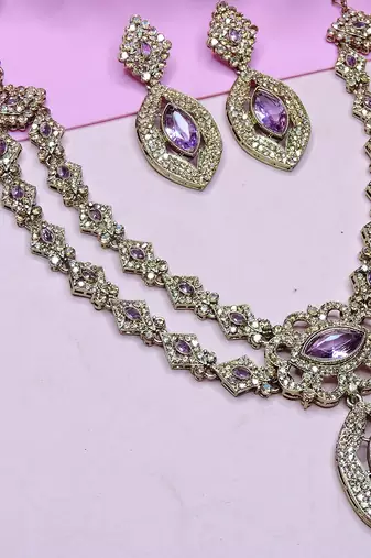 Purple yellow gold premium designer american diamond and stone work necklace set