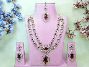 Maroon yellow gold premium designer american diamond and stone work necklace set 1