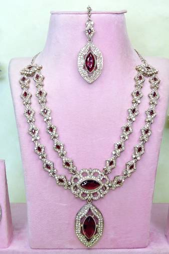 Maroon yellow gold premium designer american diamond and stone work necklace set