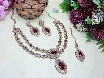 Maroon yellow gold premium designer american diamond and stone work necklace set 2