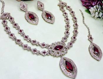Maroon yellow gold premium designer american diamond and stone work necklace set 3