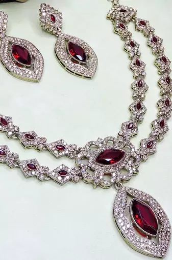 Maroon yellow gold premium designer american diamond and stone work necklace set